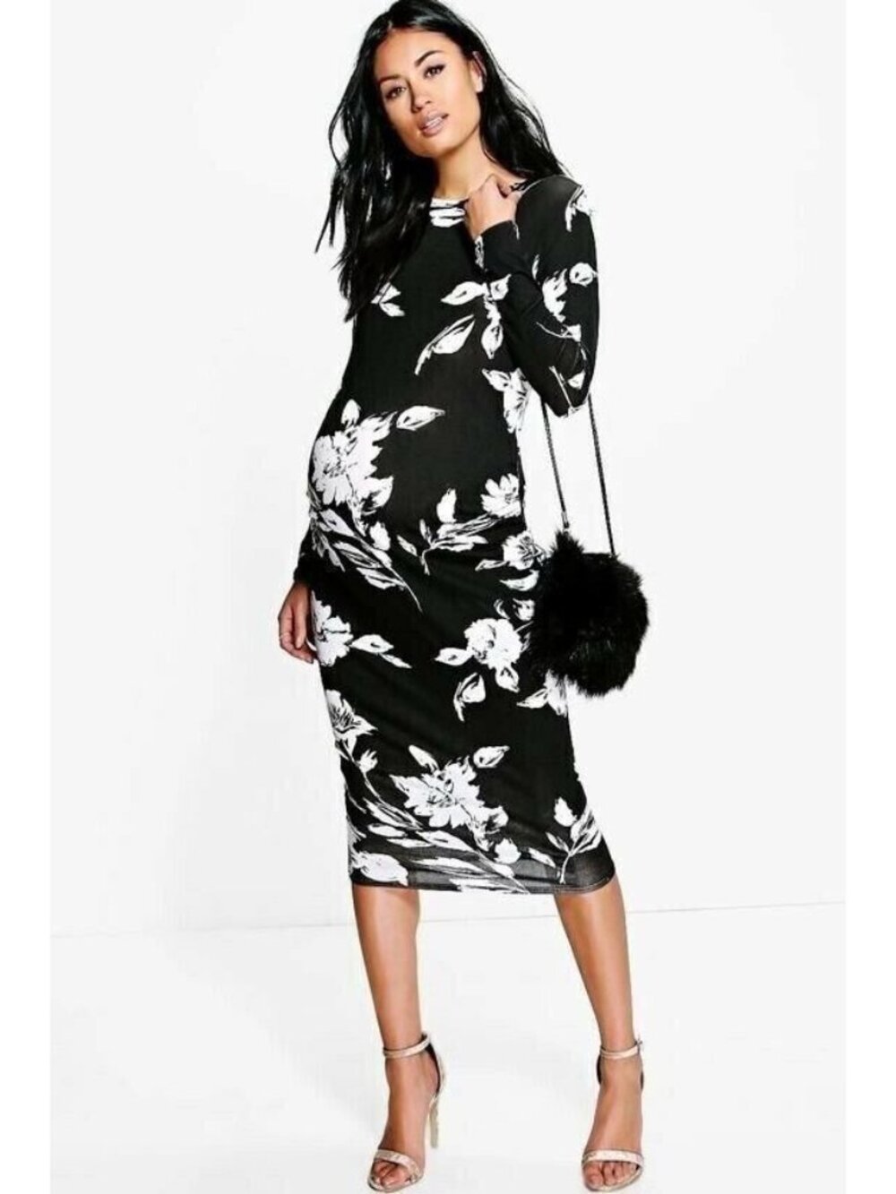 Long Sleeve Fitted Bodycon Stretch Lightweight Thin Black Maternity Midi Dress 6